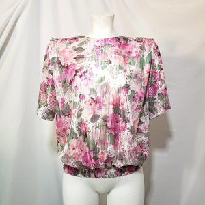 Vintage 80s Soft Girl Pleated Pastel Pink Oversize Floral Summer Bomber Blouse